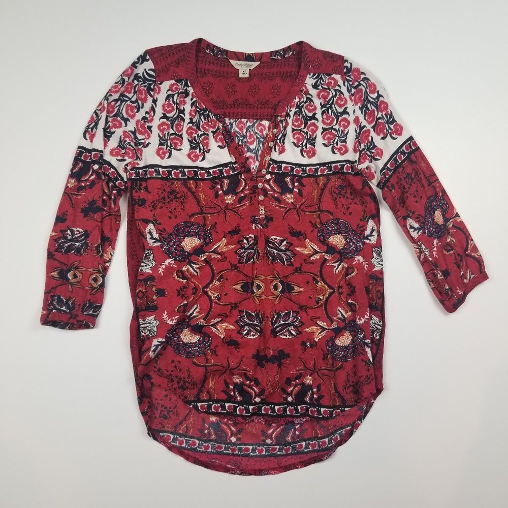 Lucky Brand Linen Blend Red White Blue 3/4 Boho Top Blouse Tunic sz XS